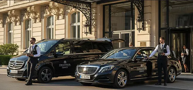 Zwei schwarze Chauffeur-Fahrzeuge mit Fahrern vor einem Hoteleingang