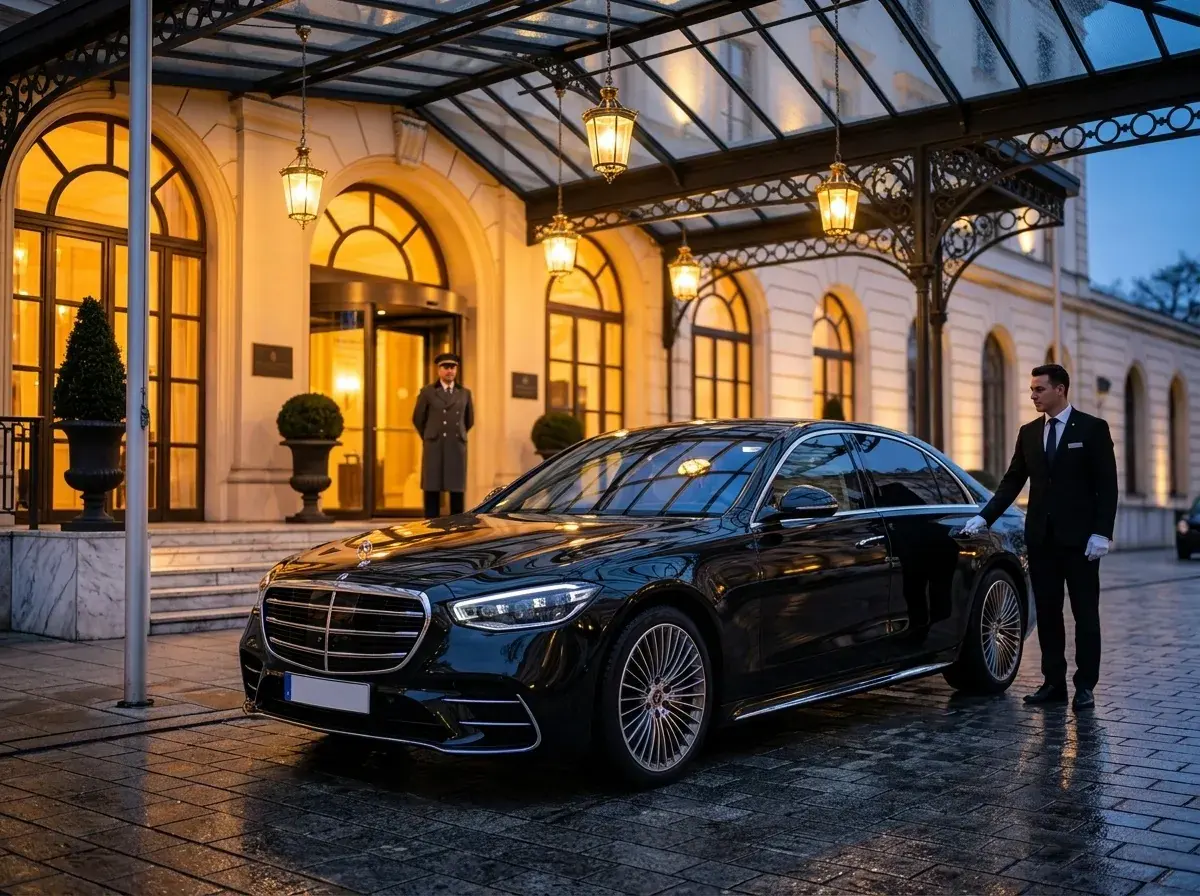 Schwarze Limousine mit Chauffeur vor einem Hoteleingang am Abend